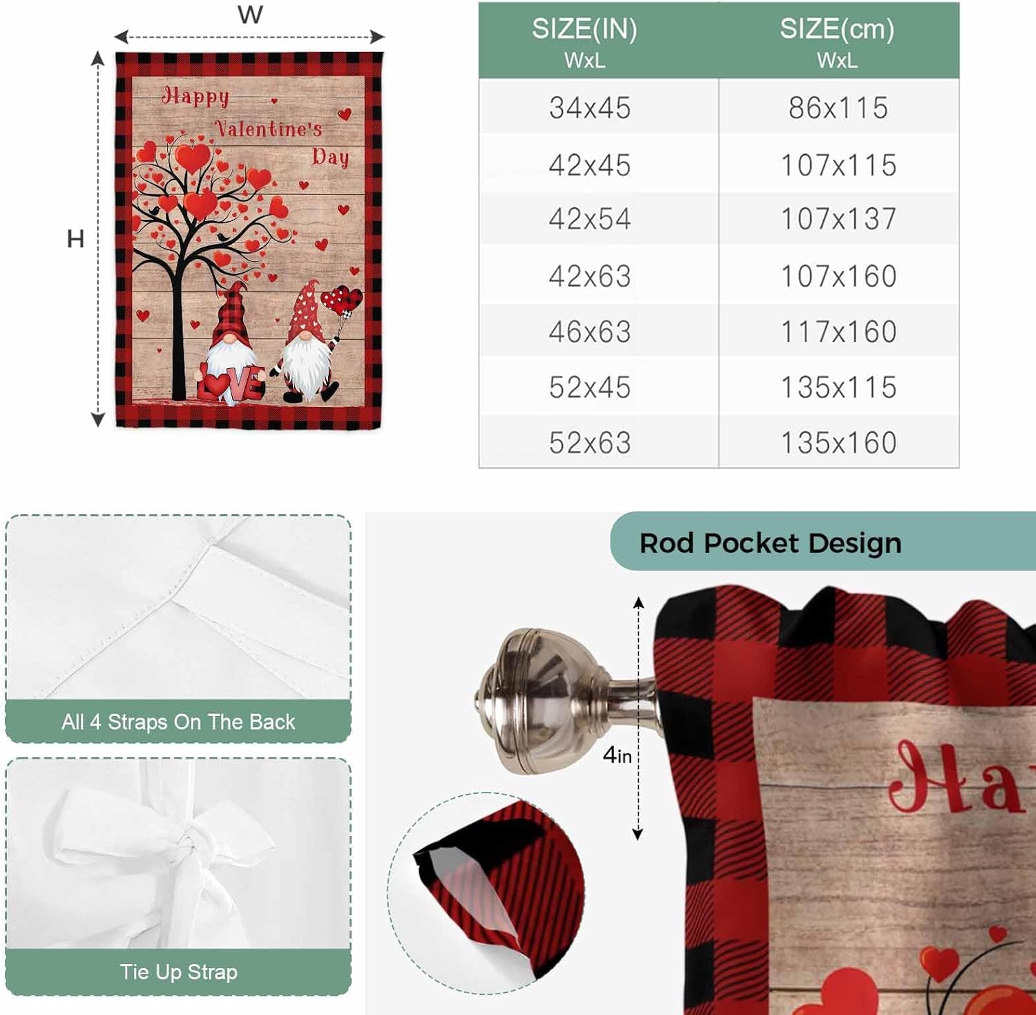 Valentine's Day Tie Up Curtains for Window, Gnomes Love Heart Tree Wooden Thermal Insulated Balloon Shade Adjustable Rod Pocket Curtains Valance Panels for Kitchen Bathroom Café 52'' x 45''