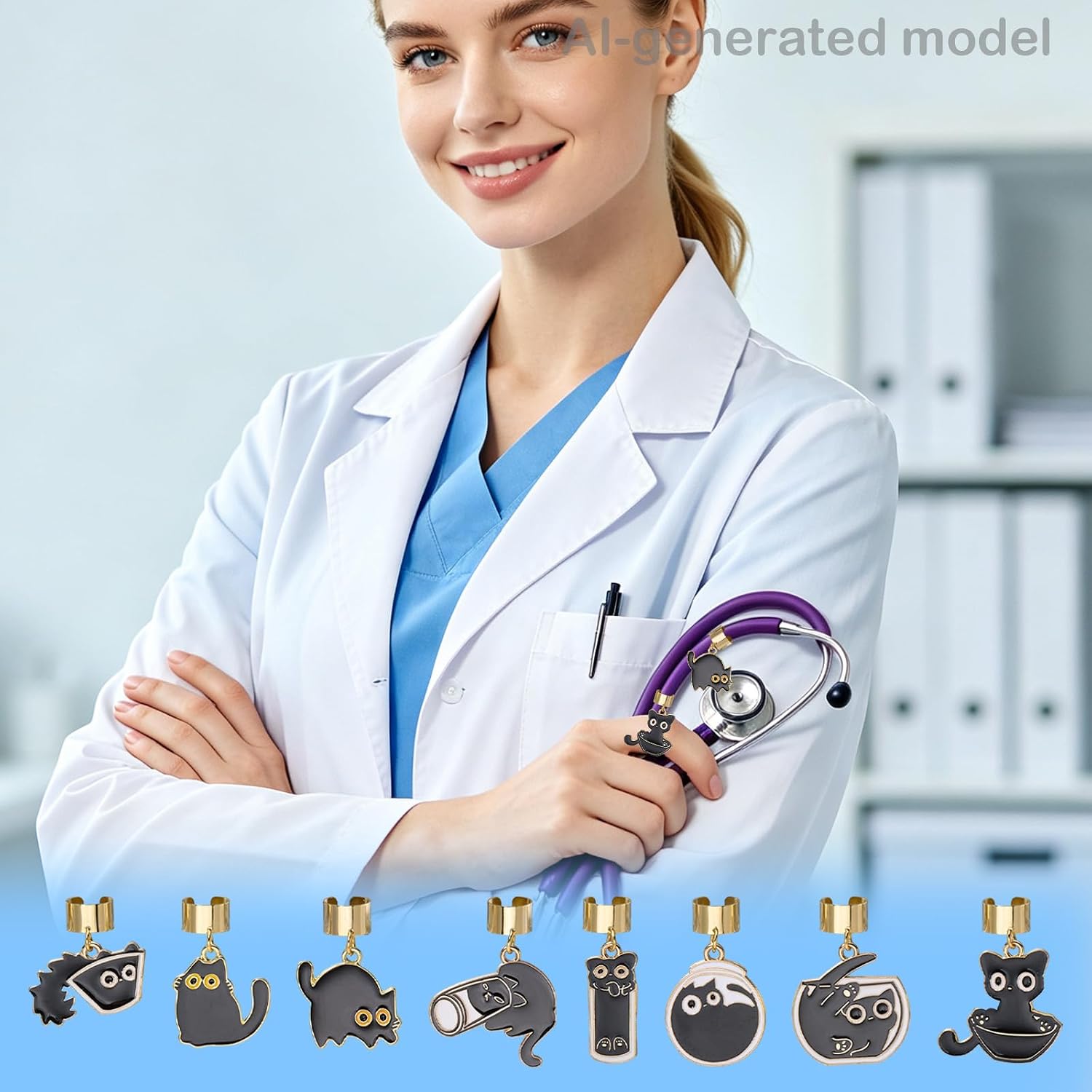 Cat Stethoscope Charms for Nurses, Black, 8 Pcs