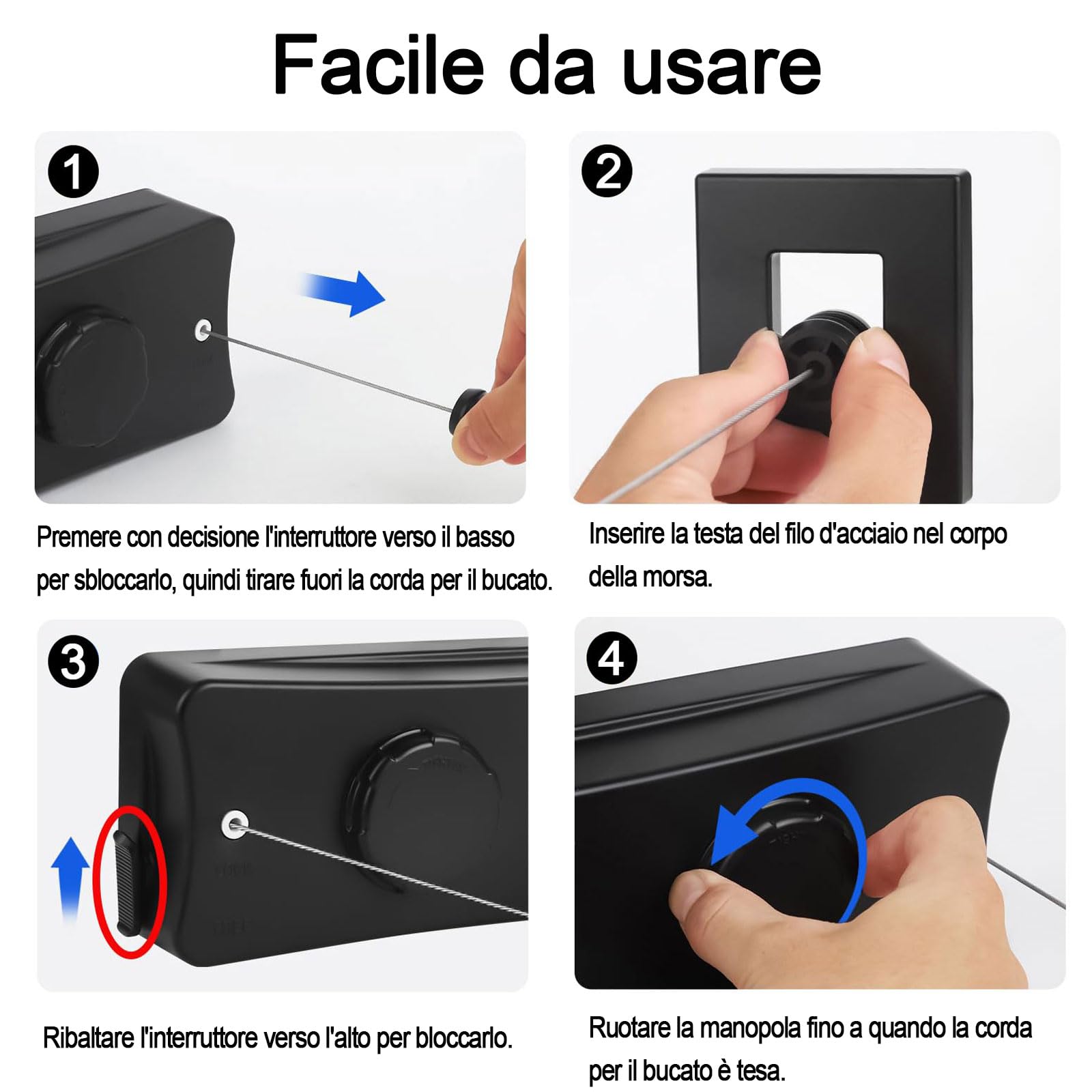 Domigard Corda per Biancheria Retrattile, Stendibiancheria Interna a Parete Doppia Linea Invisibile Filo di Lino Estensibile in Acciaio Inossidabile, Corda da Biancheria Regolabile 2 * 5,1m (Nero)