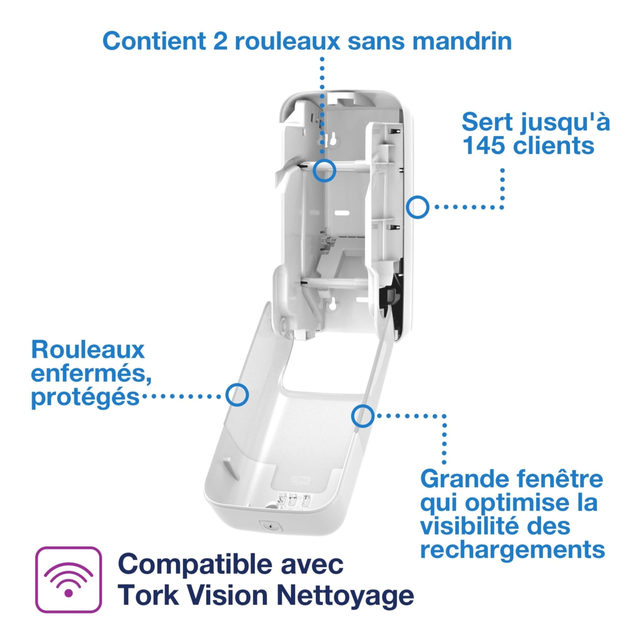 Tork OptiServe Distributeur pour Papier Toilette 2 Rouleaux sans mandrin Blanc T7, Distributeur Vertical, Gamme Elevation, 558041