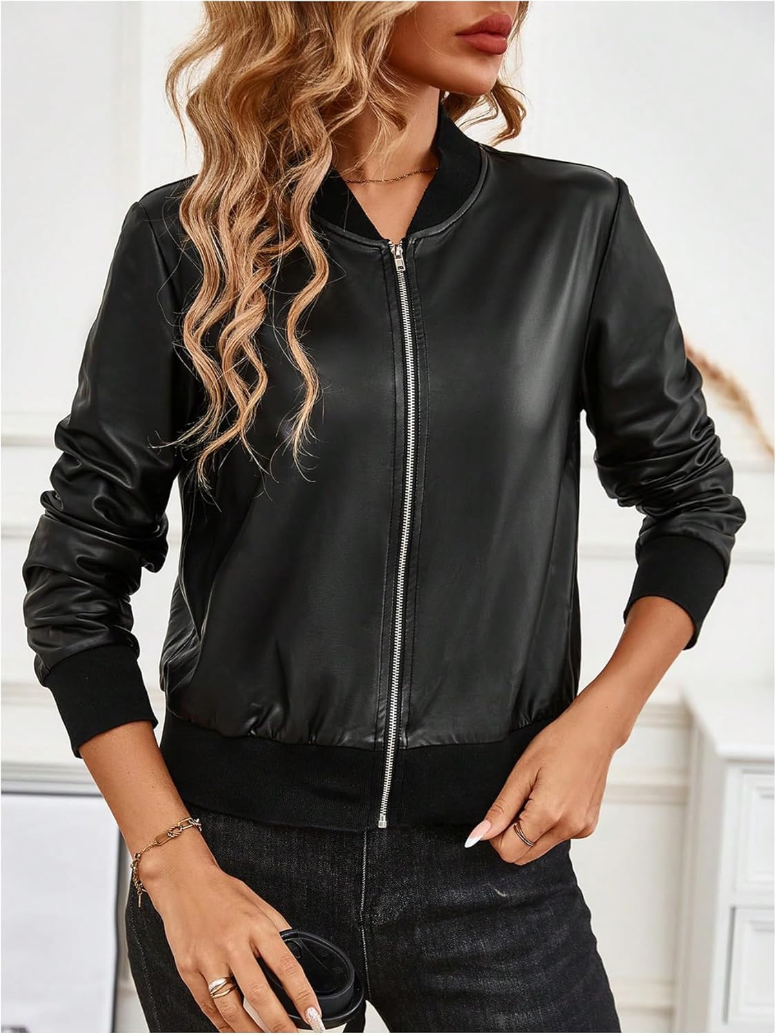 SHENHE Women's PU Leather Bomber Jacket Zip Up Lightweight Fall Casual Jacket Outerwear - Image 4