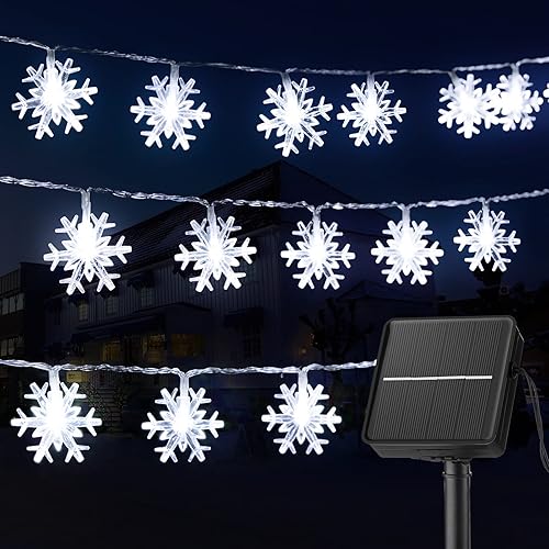 Miniatura 7 de Guirnalda de luces solares de copo de nieve de Navidad, paquete de 2 unidades, 100 luces LED de 78 pies para exteriores, impermeables, con 8 modos