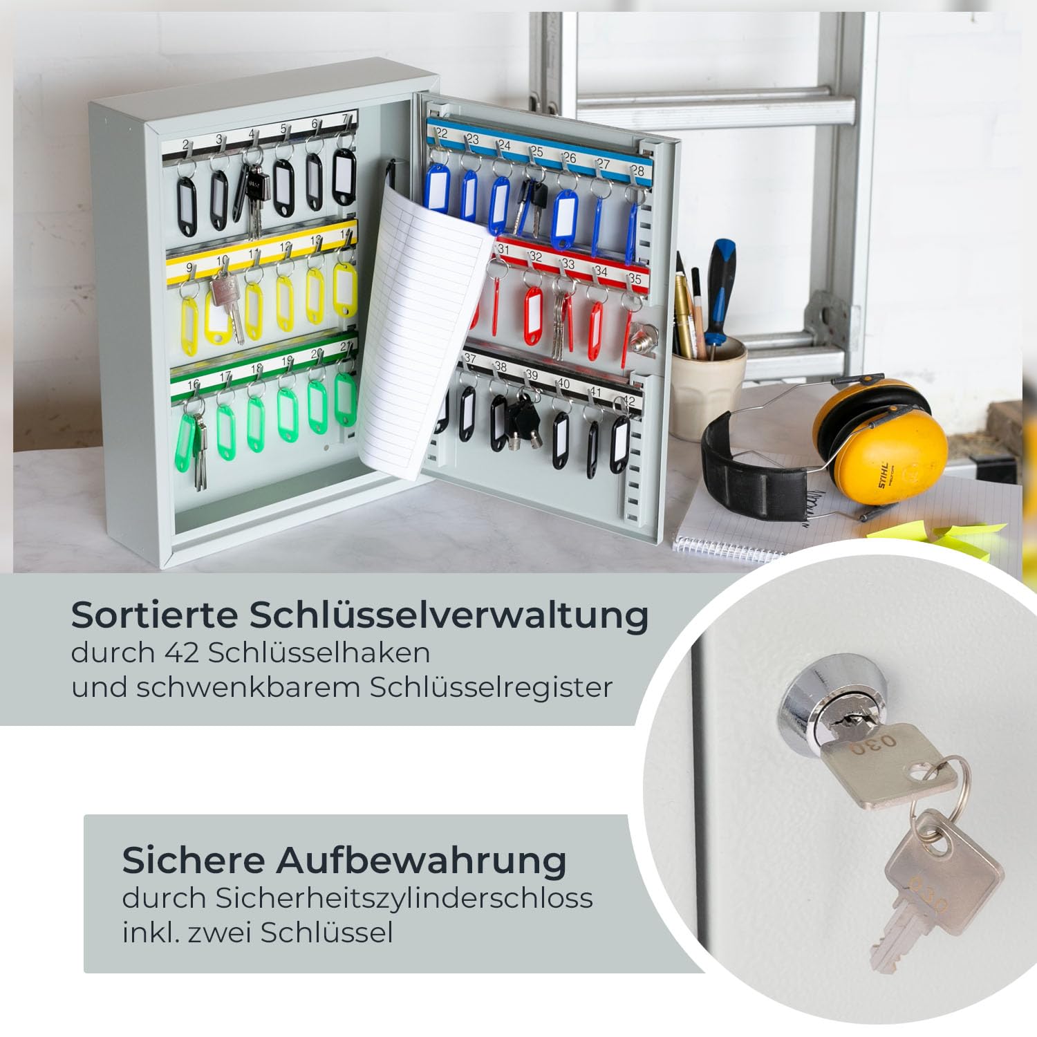 HMF Schlüsselschrank aus Stahl, abschließbarer Schlüsselkasten 42 Schlüsselhaken 35 x 27 x 8 cm Lichtgrau