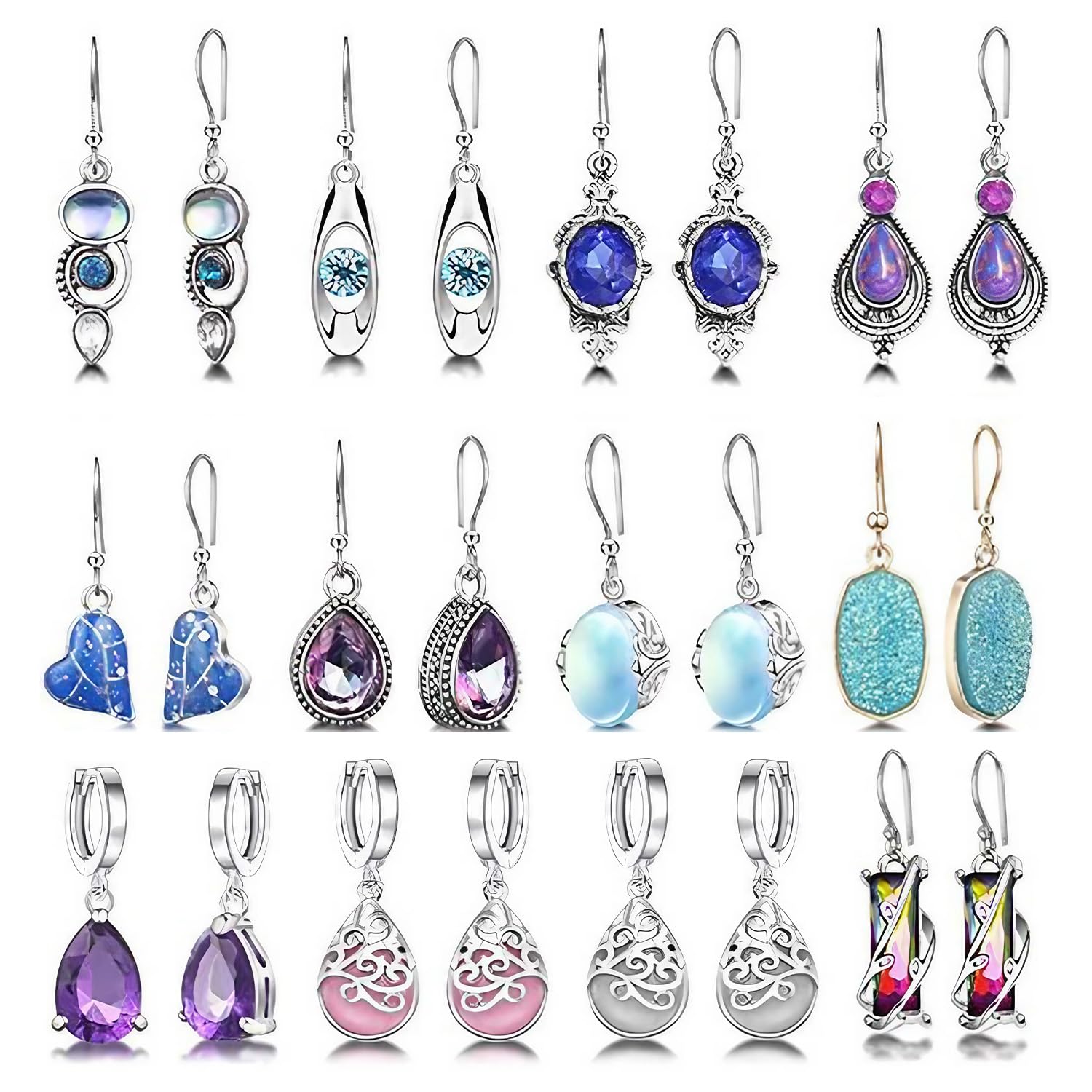 12 Pairs Silver Earrings for Women Water Drop Zircon Dangle Earrings for Girls Multicolor Teardrop Dangle Earrings Elegant Stud Earring Set Vintage Bohemian Earrings for Women