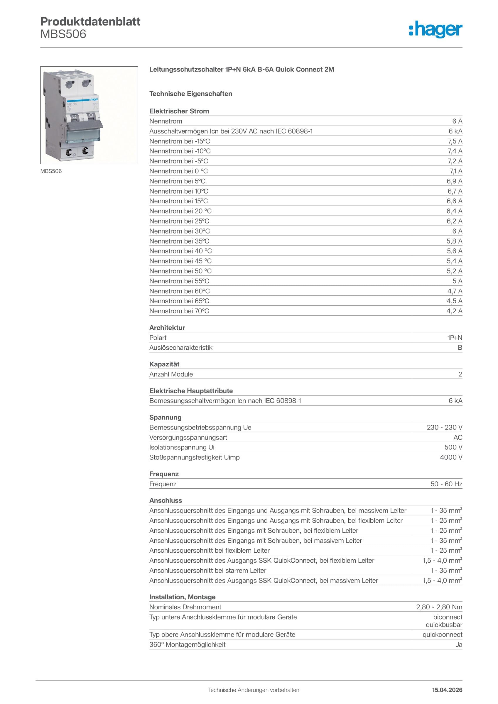 Hager MBS506 Leitungsschutzschalter 6A 1P+N 1-polig+N 6kA B-Charakteristik 2 PLE TE LS-Schalter MCB (MBS 506)