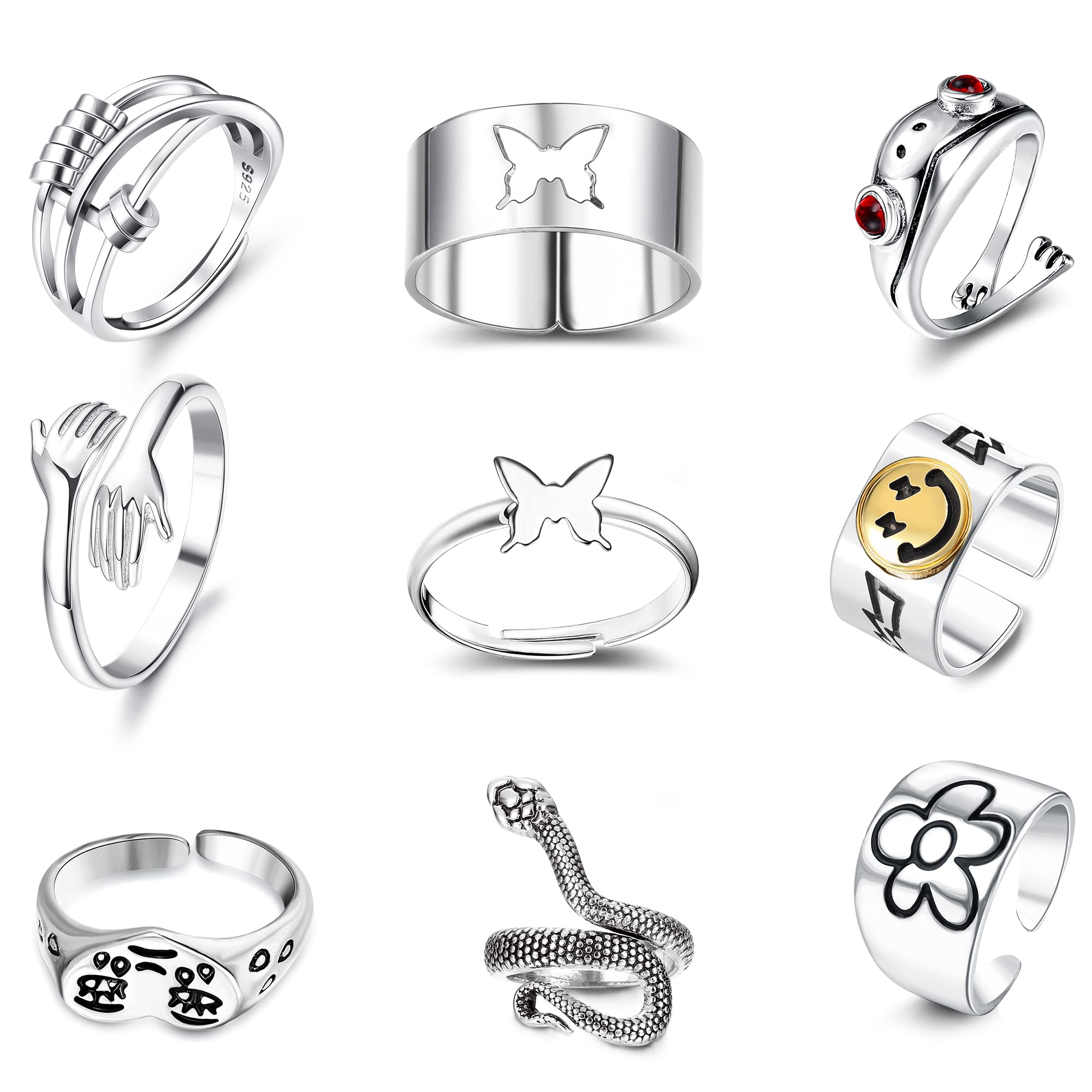 9 Pcs Silver Adjustable Open Rings Set Anxiety Ring Frog Ring Butterfly Couple Rings Goth Rings Hug Snake Ring Set Vintage Stackable Finger Rings Y2K Ring Set for Women Men Girls