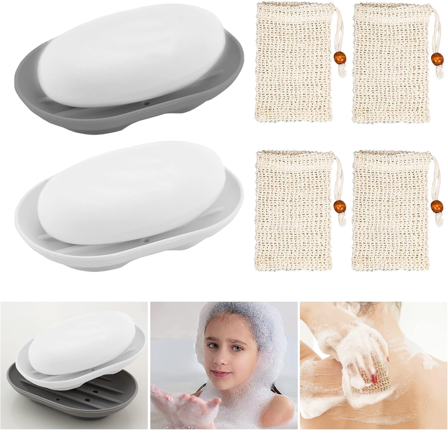 Fikiro Lot de 2 porte-savon en silicone avec écoulement pour douche, salle de bain, cuisine, lavage des mains, plateau pour garder le savon sec - Gris/ blanc