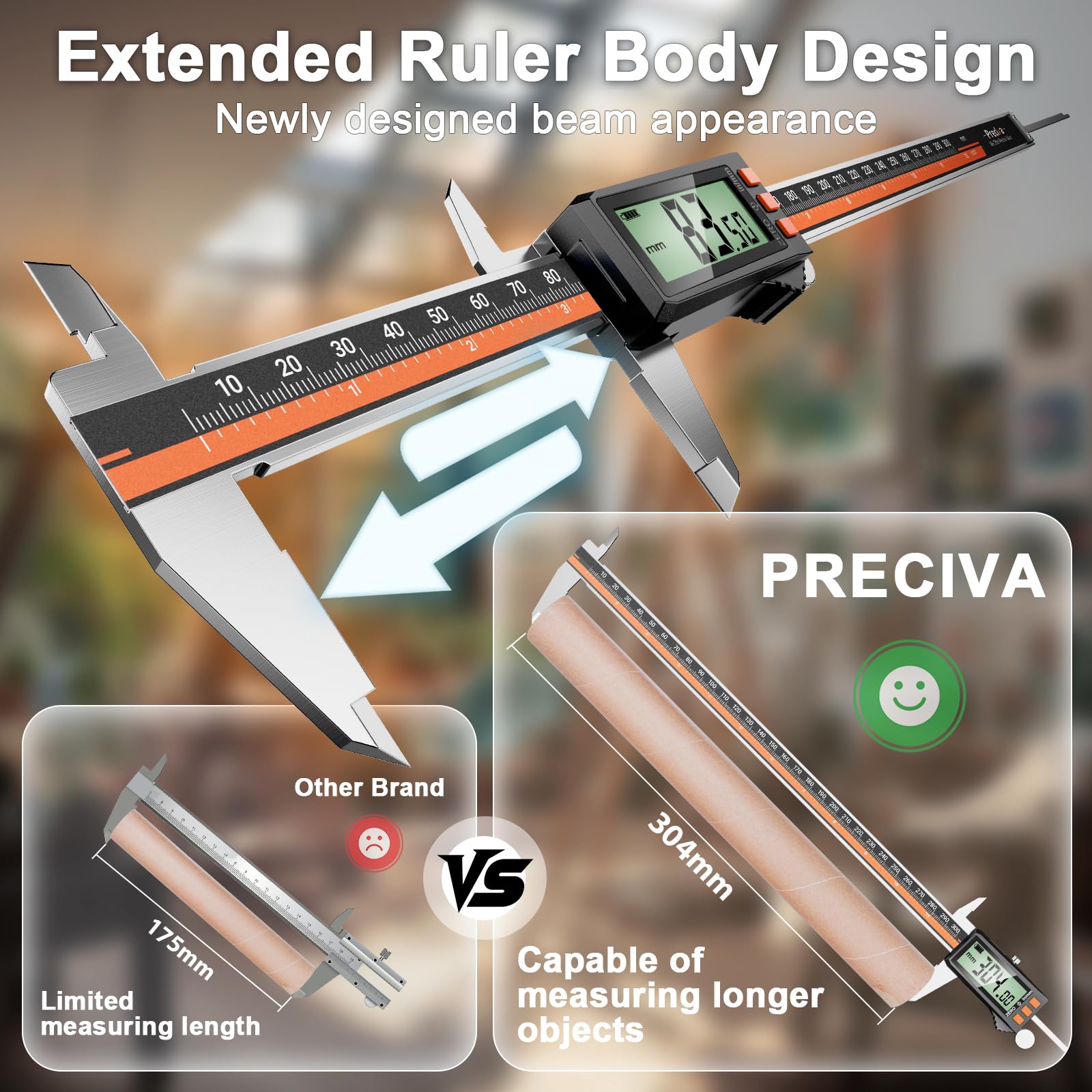 Preciva Calibre Digital 300mm Recargable USB-C, Pie de Rey Electrónico de Acero Inoxidable con Pantalla LCD, Medición 0-12" / 0-300 mm Alta Precisión para Interior, Exterior y Profundidad