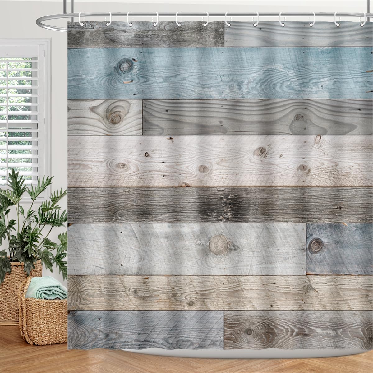 BIYSUC Rustic Wooden Board Shower Curtain Farmhouse Barn Door Blue Teal Floor Vintage Wood Waterproof Polyester Fabric Bathroom Decor Sets 72 x 72 Inches with 12pcs Plastic Hooks