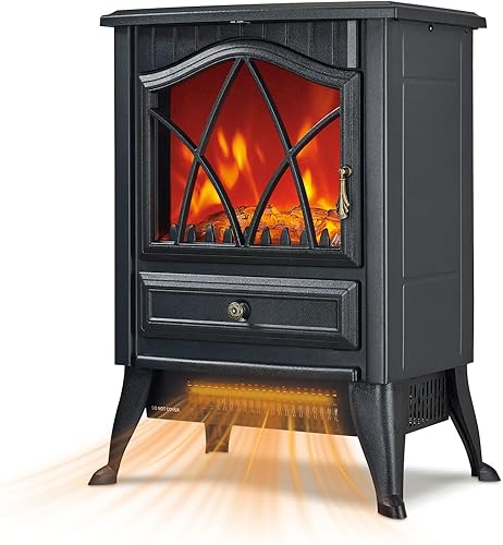 Calentador eléctrico independiente para estufa de chimenea, 1500 W con efecto de llama LED 3D realista, brillo y termostato ajustables, 2 ajustes de