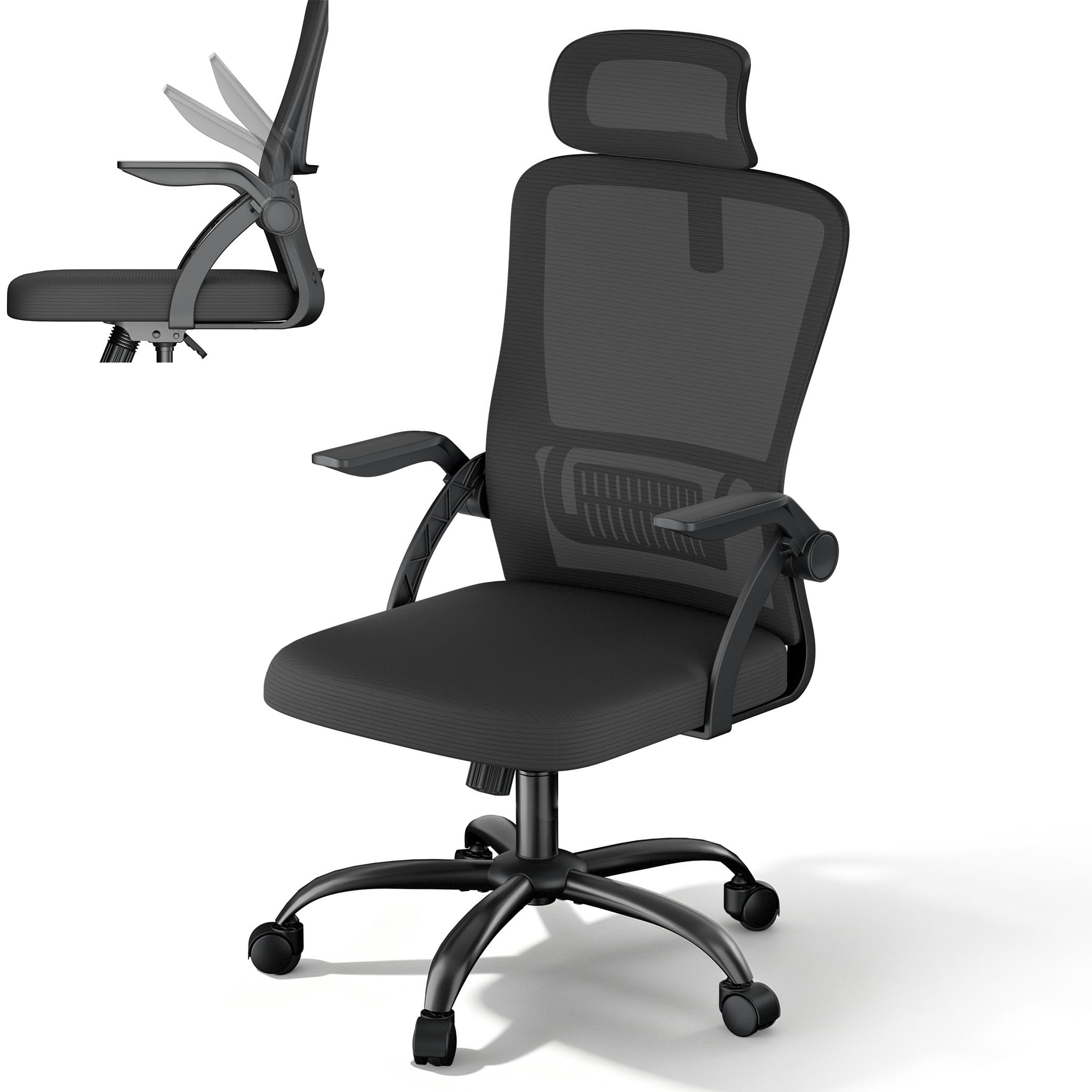 XMTECH Bürostuhl Mesh-Netzrücken klappbare Armlehnen 120kg Homeoffice | Atmungsaktives Mesh, 8 cm Polster, Sitzhöhe 43–51 cm, 105° Wippfunktion, ideal als Schreibtischstuhl, Drehstuhl, Schwarz