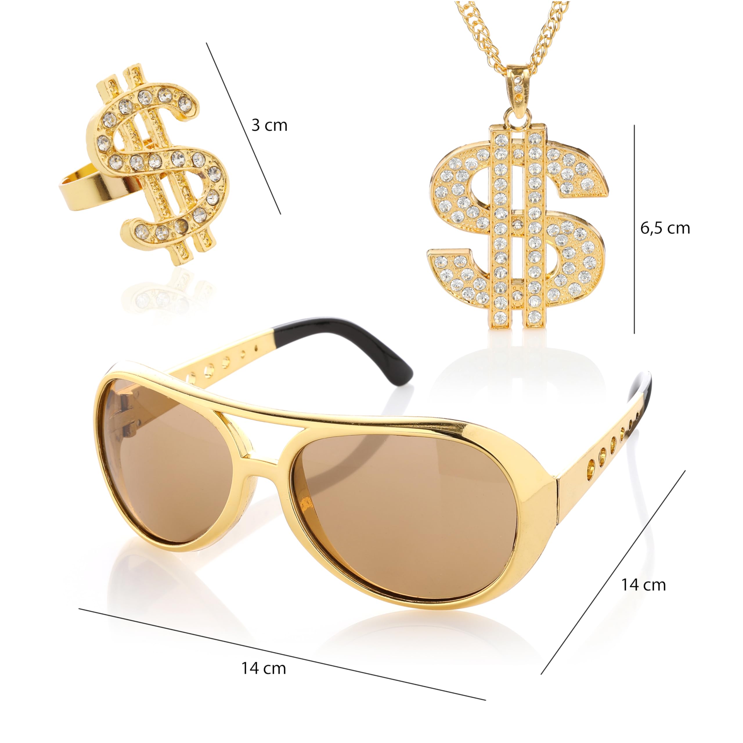Dollar Accessoires zestaw 3 szt. - męskie akcesoria gangsterskie w stylu hip-hopowym - okulary, pierścionki i okulary przeciwsłoneczne na karnawał lub karnawał