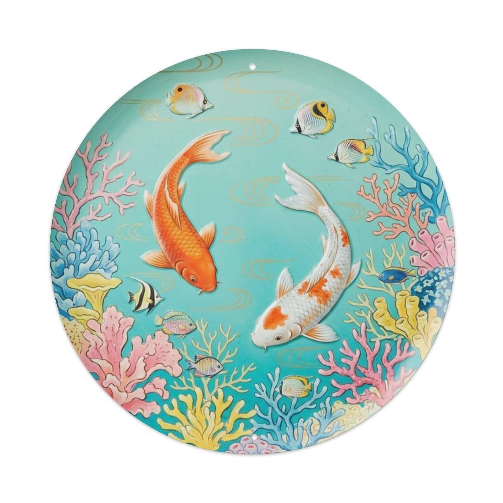 Fqcyn Style Koi Fish Aqua Marine Coral Reef Entryway Metal Tin Sign Plaque Wall Decor For Cafe, Club Bar, Office, Home Garden Round Metal Poster 8X8inch