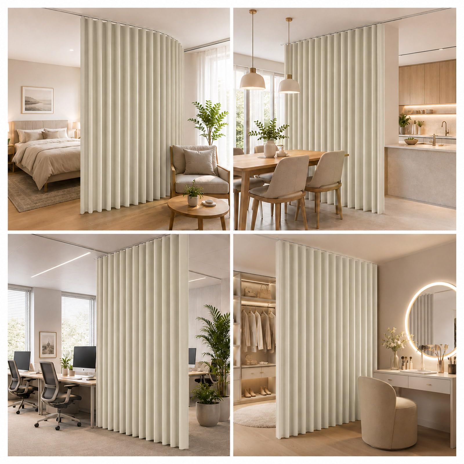 254 cm Extra Large Rideau Séparateur de Pièce avec Rail Plafond Occultant | Rideaux Thermique, Kit Complet Rail Pliable Et Rideau, Tissu Occultant Triple Tissage, pour Studio et Bureau (H 274cm, Beige)