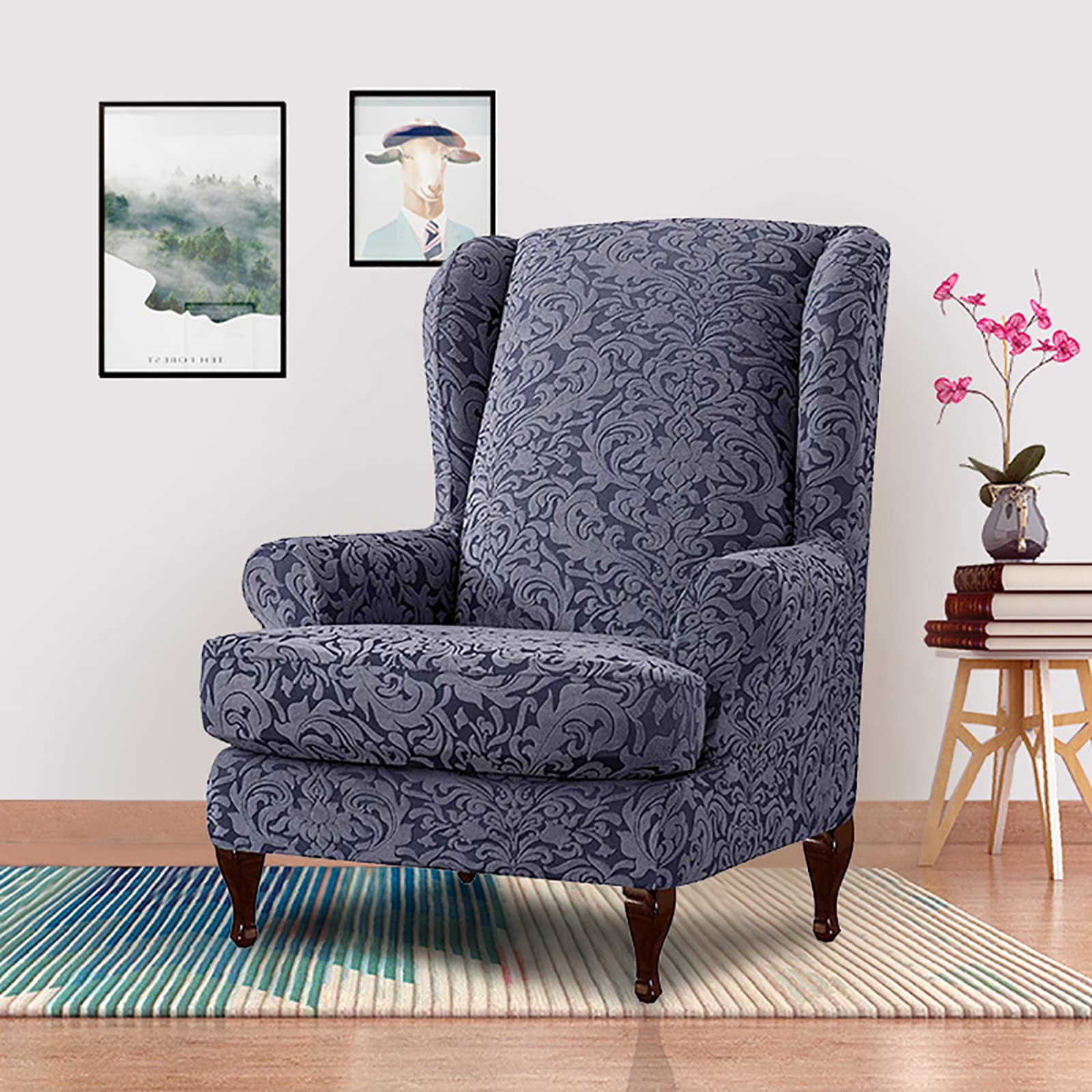 Sessel-Überwürfe Ohrensessel 2 Stück Elastische Husse Für Ohrensessel Spandex Jacquard Ohrensessel Überzug Stretch Sofa überzug waschbare Sesselhusse Ohrensessel -grau-2 Pieces