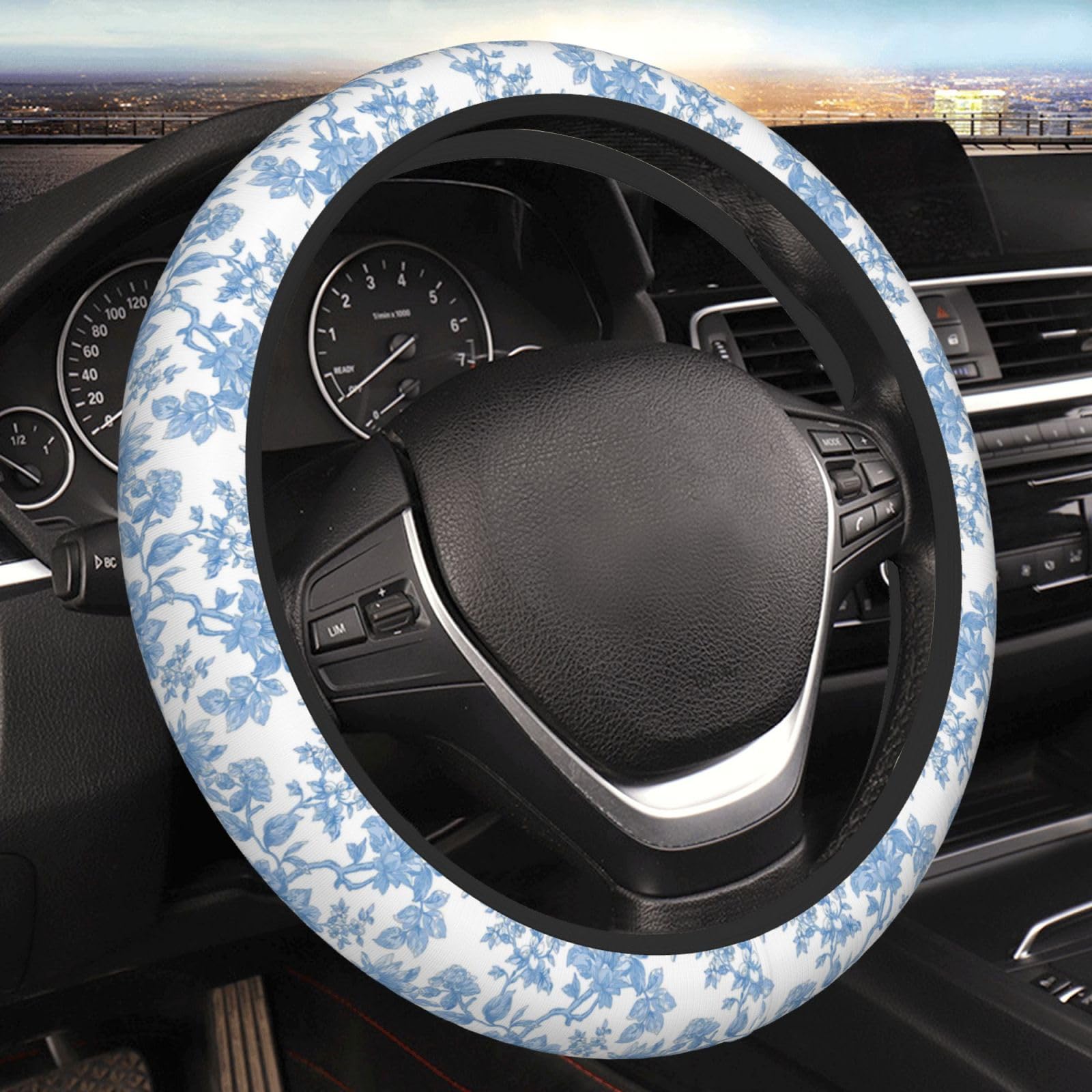 Car Steering Wheel Cover Universal 15 Inch,Vintage Blue Frangipani Flowers Steering Wheel Protector Car Accessories for Men Women,Comfortableprotective Case for SUV Diverse Decor
