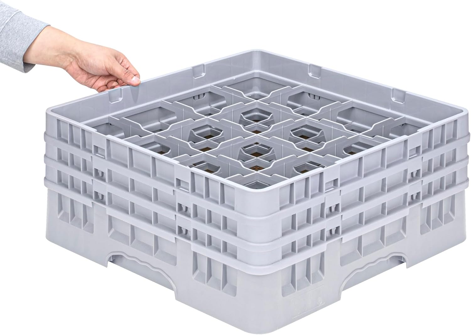 Restaurantware Clean Tek Professional 16 Compartment Glass Rack,1 Heavy Duty Durable Tray, With 1 Full Drop Extender and 2 Half Drop Extenders, Gray Glass Holder For Restaurants, Bars, and Pubs