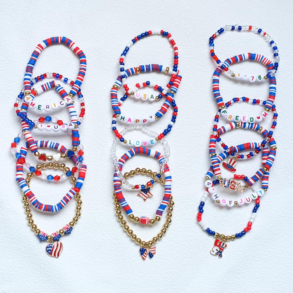 18 PCS 4th of July Bracelets for Women Handmade Heishi Clay Bracelets Independence Day Jewelry Accessories Stackable Stretch Friendship Bracelets Jewelry Gifts for Women Men - Image 4