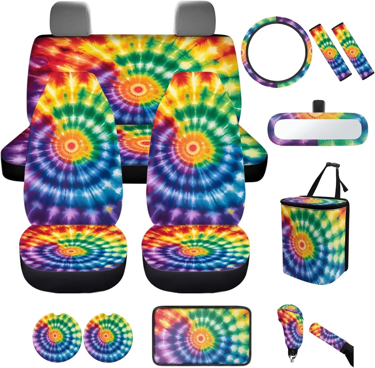 Tie Dye Car Seat Cover Set 14 Pack Rainbow Tie Dye Car Interior Accessories Full Set Vehicle Trash Bag Steering Wheel Cover Seat Belt Cover Pad Handbrake Cover Sets for Women,Universal Fit