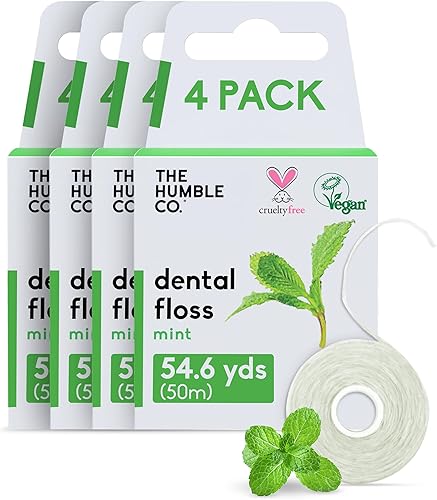 The Humble Co Mint - Hilo dental de menta, paquete de 4, hilo dental expandible vegano para adultos y niños, hilo dental no tóxico, grueso y