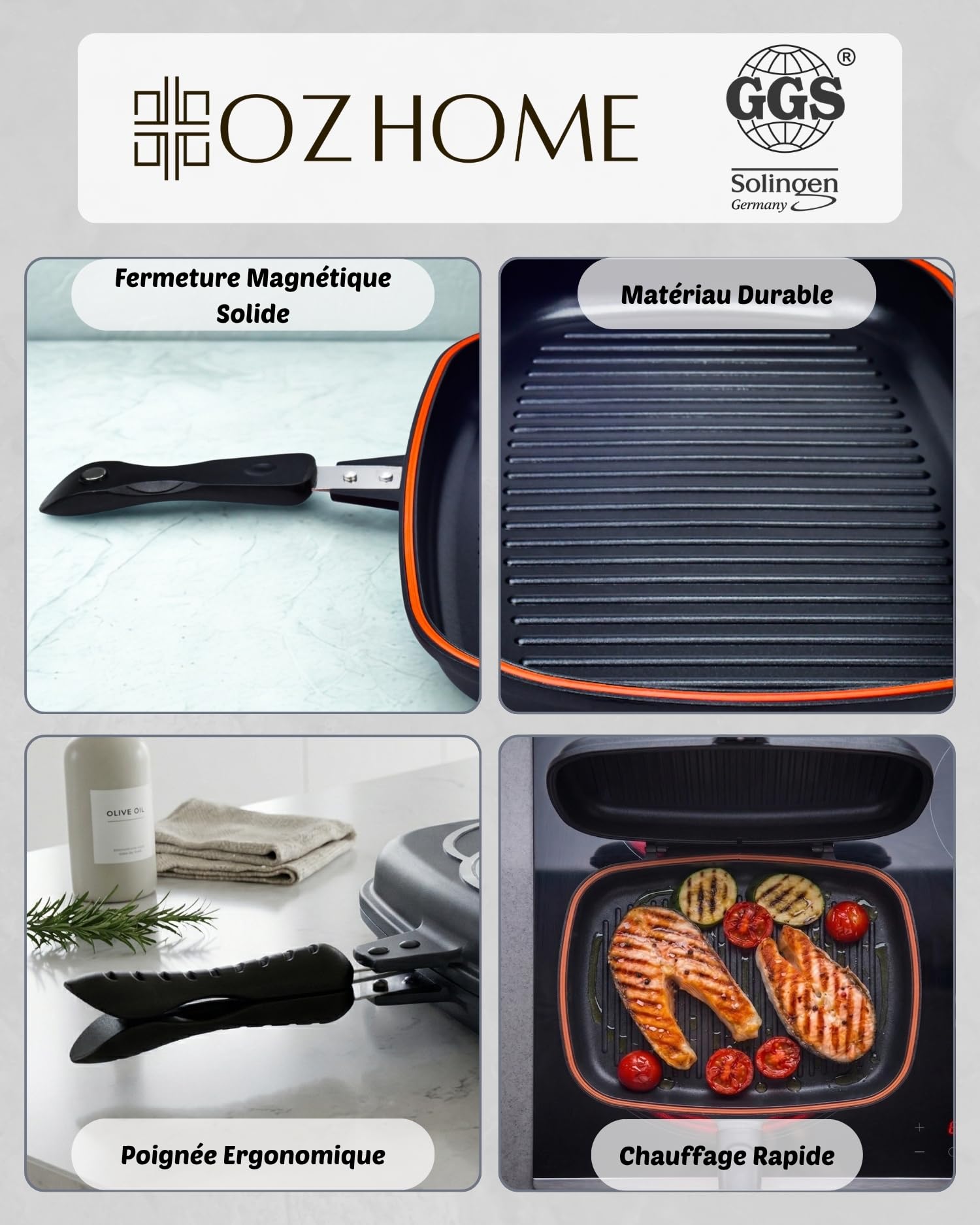 GGS Colection Poele Grill Et Poisson Double Face 38x25.5cm - Poele Grill Induction Et Tout À Feux, Poele Anti Adhesive en PTFE- Poele A Griller Avec Fermeture Magnétique & 2 Bandes D’étanchéité