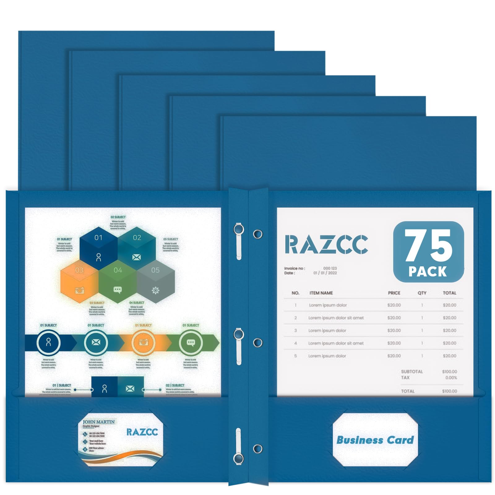 Two Pocket Folders, RAZCC 75 Pack Two Pocket Folders with Prongs, 3 Prong Folders Fit Letter Size Paper, Pocket File Folders for School Office Home