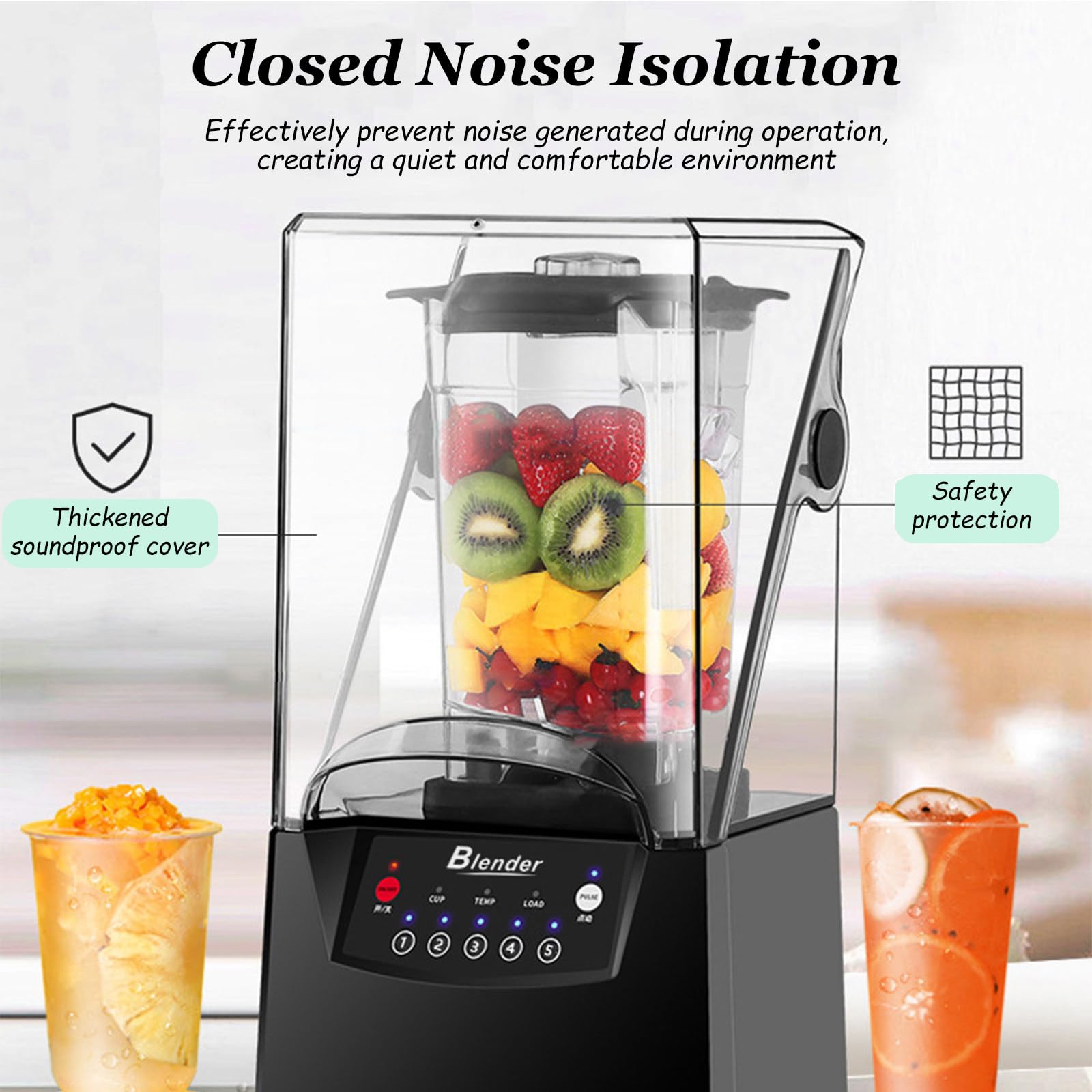 Kommerzieller Mixer, 2200W Smoothie-Maker mit Lärmschutzschild und 68oz-Krug, Ice-Crush-Pro mit 6 Klingen aus Edelstahl für Restaurants, Shakes und Küchen
