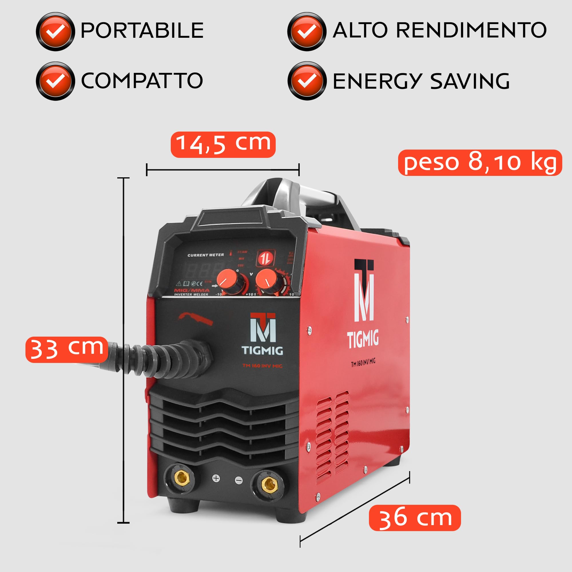 TIGMIG Saldatrice Inverter IGBT DC MIG/MAG A Filo Continuo + FLUX Filo Animato + MMA Elettrodo, Modello TM160INVMIG, Fino 160 A, Accessori e Bobina Filo Animato Inclusi, Assistenza e Garanzia Italia
