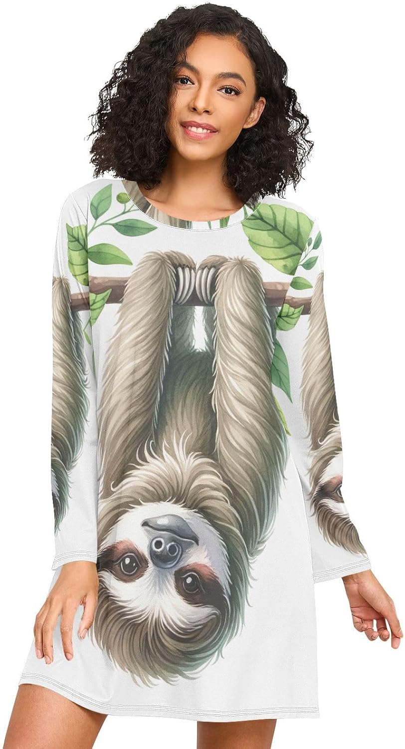 Cute Sloth White Long Sleeve Night Shirts for Women, Cozy Crewneck Sleep Dress, Casual Womens Nightgowns
