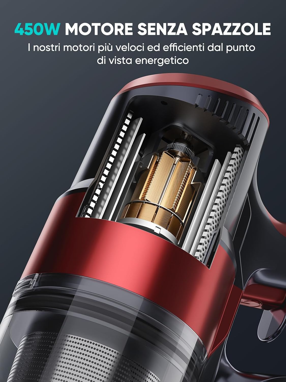 Close-up view of the 450W brushless motor inside the HONITURE S13 Pro vacuum cleaner.