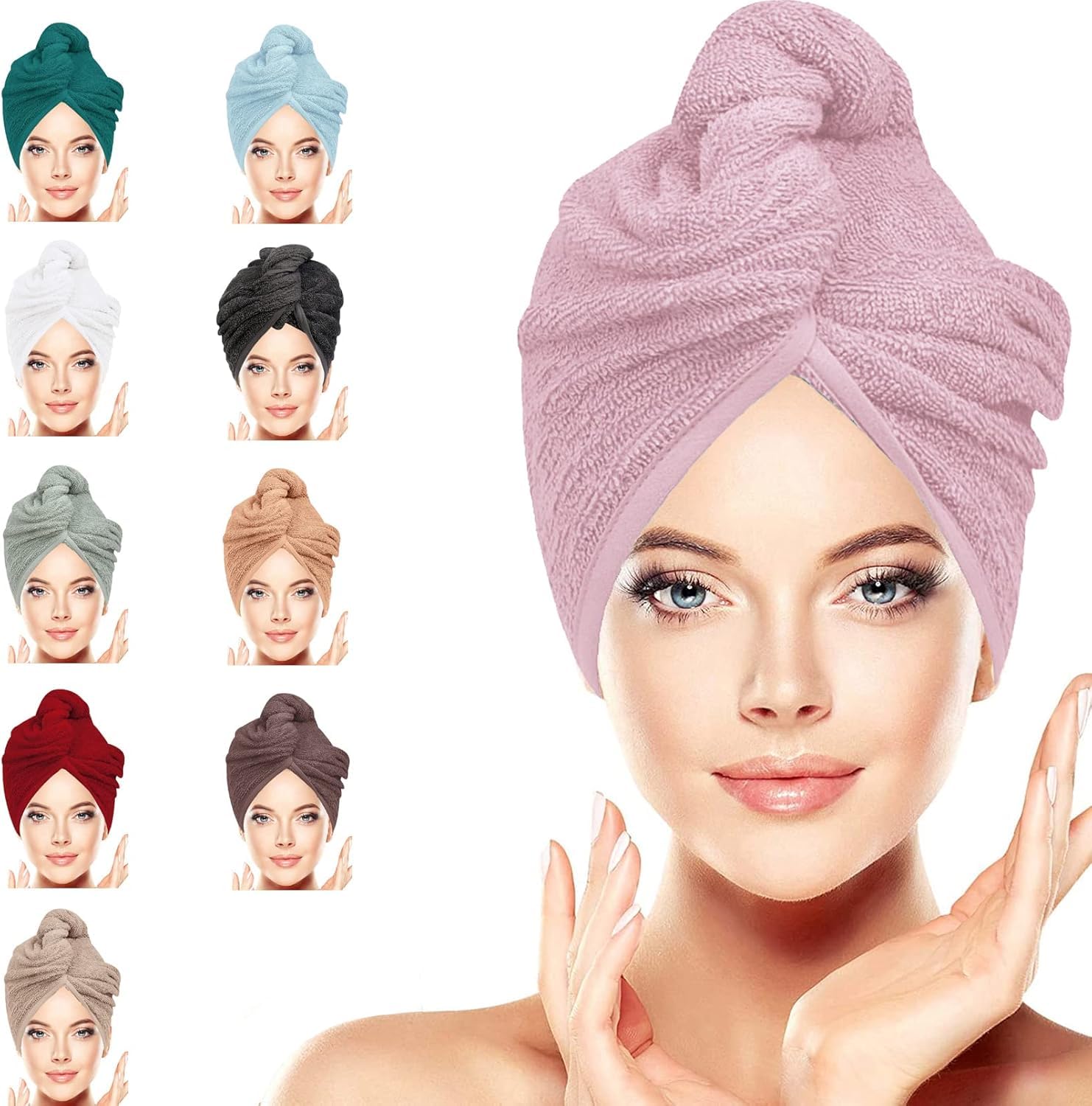 LUXURY Hair Towel Wrap 100% Cotton, Instant Drying Lightweight Turban Hair Cap Super Quick Absorbent Anti-Frizz Twist Toweling Dry Hat with Button Loop for Long Curly Hair (Lavender Pink, Pack of 1)
