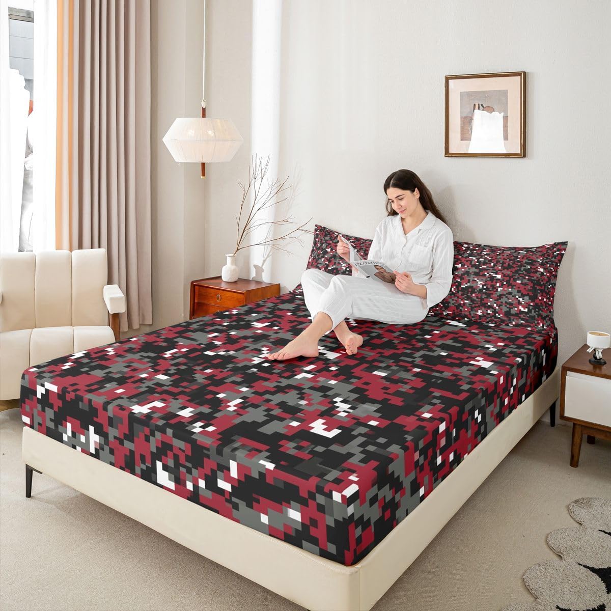 Black Red Camouflage Bed Sheet Set Twin Size,Geometric Plaid Camo Bedding Set 2pcs for Kids Men Boys Room Decor,Adult Army Lovers Grey Fitted Sheet Modern Microfiber Bed Cover,1 Pillowcase
