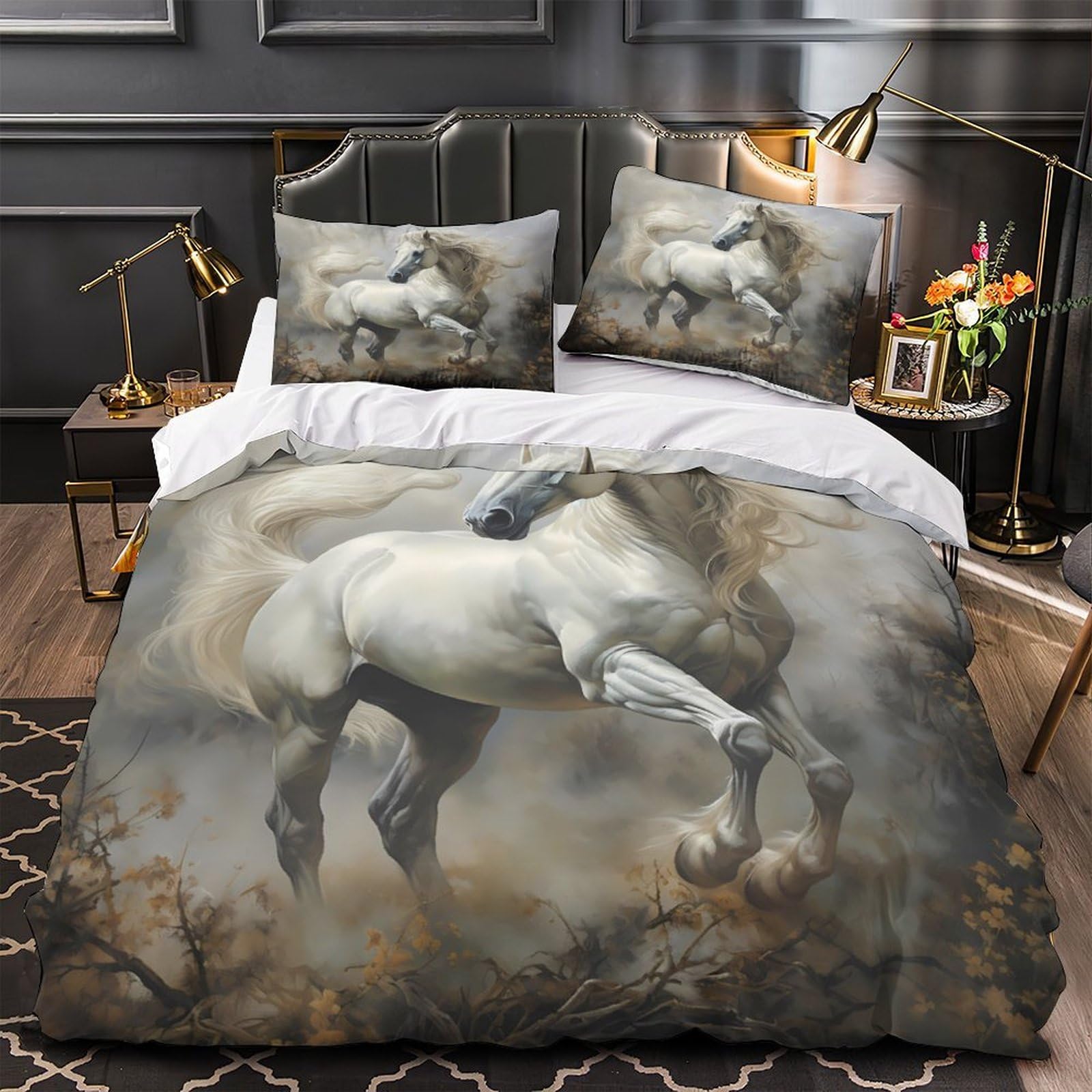 Housse de couette anti-allergie cheval blanc super douce avec zip pour lit simple