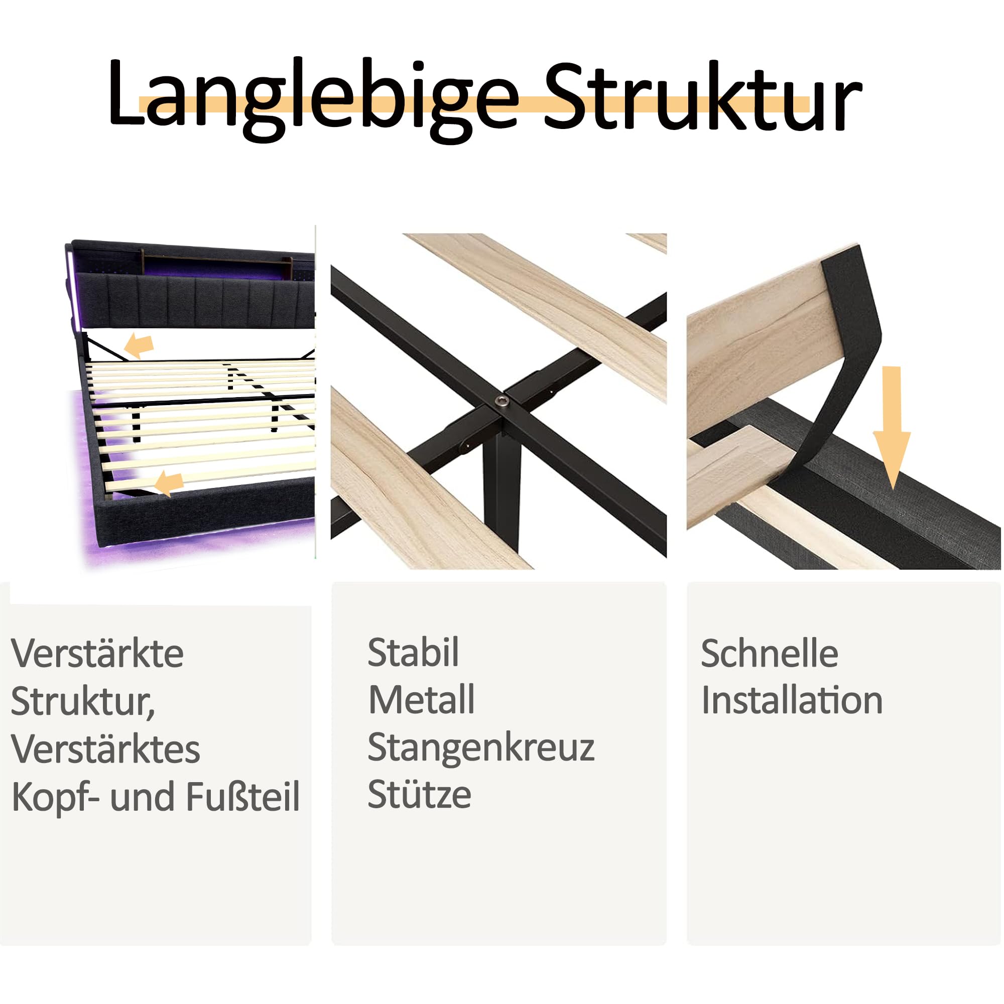 letto imbottito testiera con contenitore letto galleggiante con illuminazione LED e presa USB per adulti tessuto lino letti matrimoniale con rete doghe per ospiti senza materasso grigio 160x200