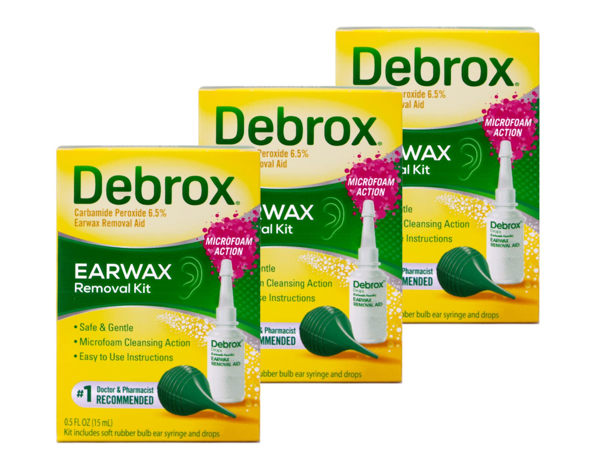 Debrox Earwax Removal Kit | Includes Drops and Ear Syringe Bulb | 0.5 Oz Each | Pack of 3