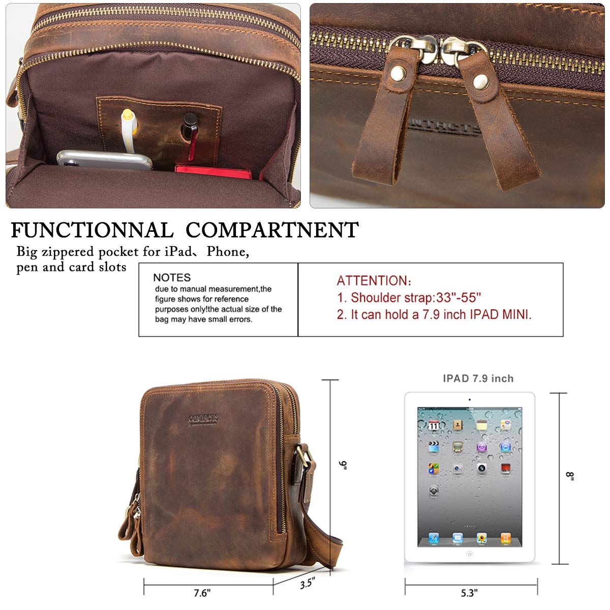 CONTACTS Echtes Leder Herren Klein Messenger Business Casual Umhängetasche für 7.9 inch Laptop Tasche Tote Handtasche