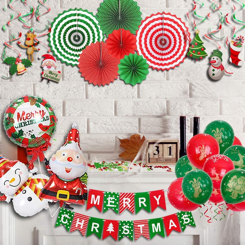 Christmas Party Decorations Supplies, 74 pcs Xmas Decorations Set - Including Paper Fans, Hanging Swirls, Photo Booth Props, Balloons, Confetti and Banner : Home & Kitchen