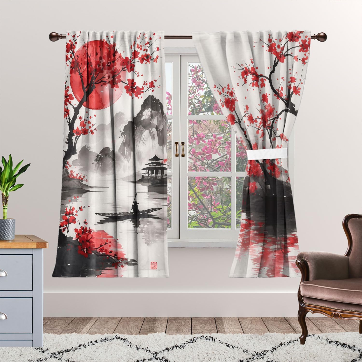 Japanese Cherry Blossoms Blackout Curtains for Kid Girls Boys Bedroom, Japanese Ink Painting Anime Rod Pocket Thermal Window Drapes for Bedroom Living Room 42Wx45L inch