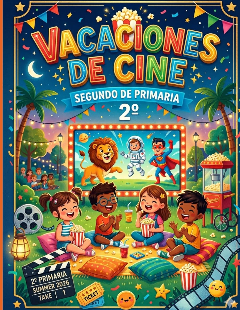 ¡Vacaciones de Cine!: Cuaderno de verano para repasar 2º de Primaria. Cuentos, comprensión lectora, escritura, inglés y matemáticas con tablas de multiplicar. 7-8 años (Cuadernos de vacaciones)