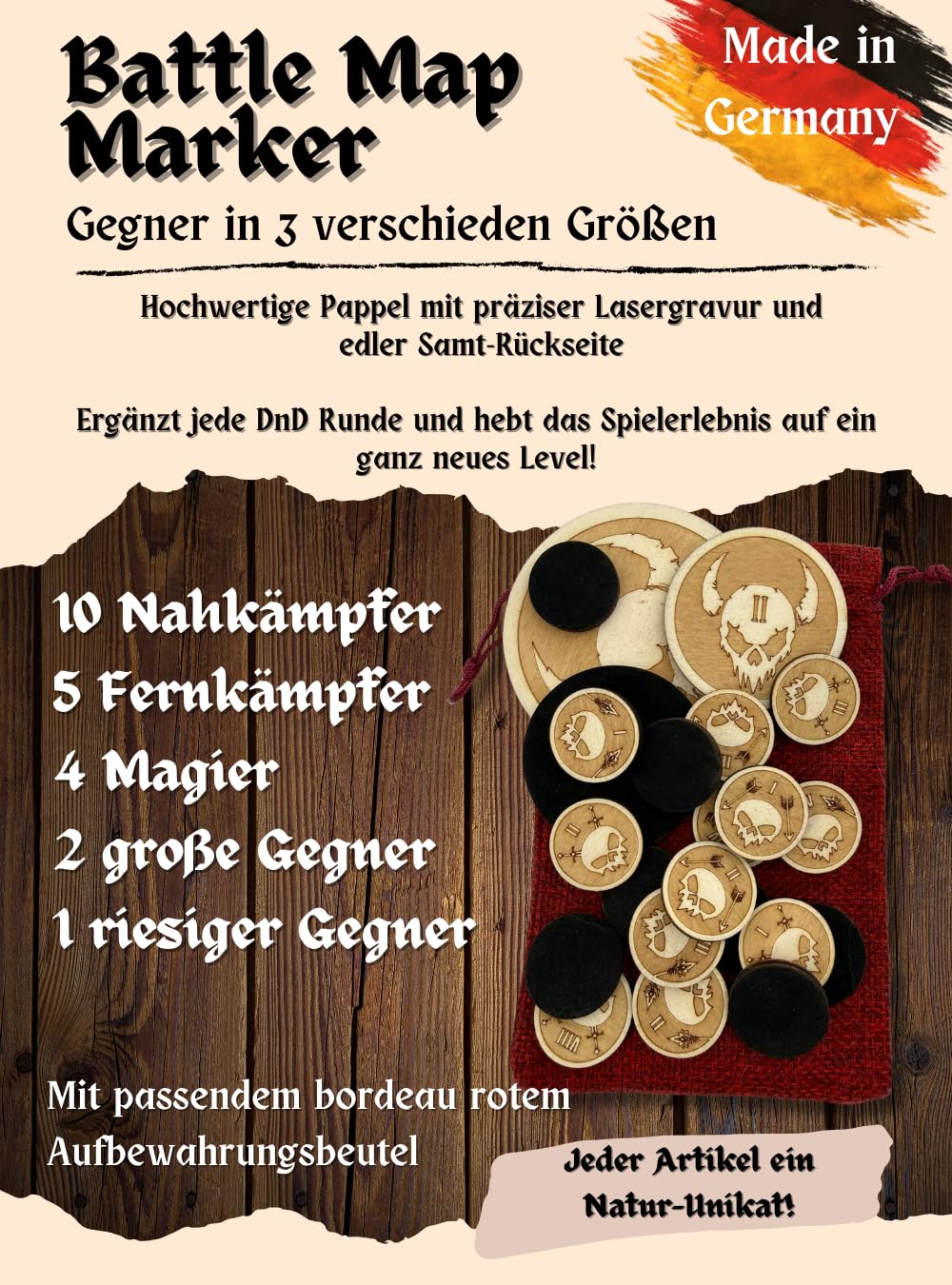 Lasergravierte D&D Gegner-Token aus Holz – 22 Battlemap Marker in 3 Größen (1'', 2'', 3'') – Alternative zu Miniaturen für Tabletop Boardgame Fans