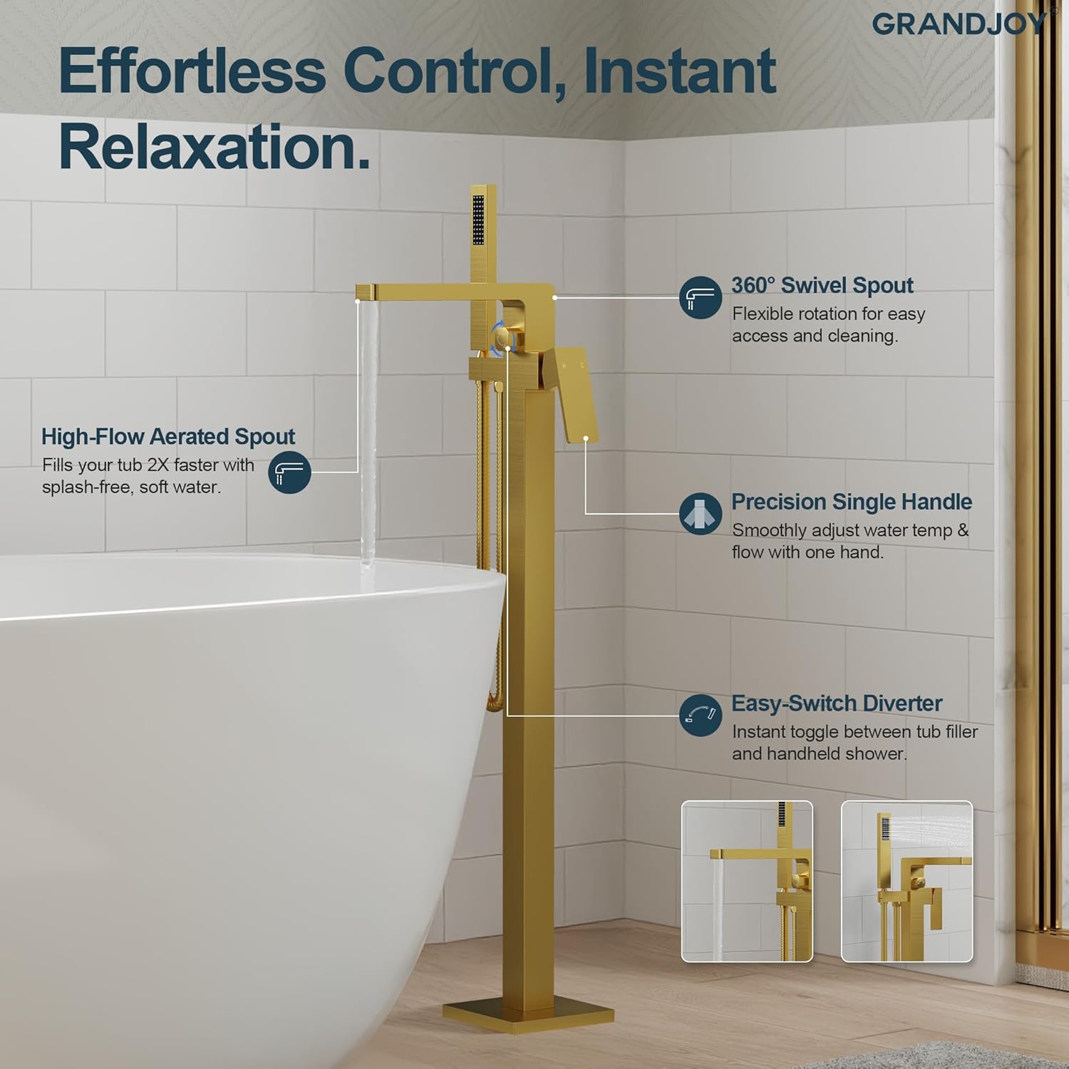 Brushed Gold Freestanding Bathtub Faucet with Hand Shower, Single Handle Waterfall Spout, Solid Brass & Stainless Steel High Flow Tub Filler, Floor Mount