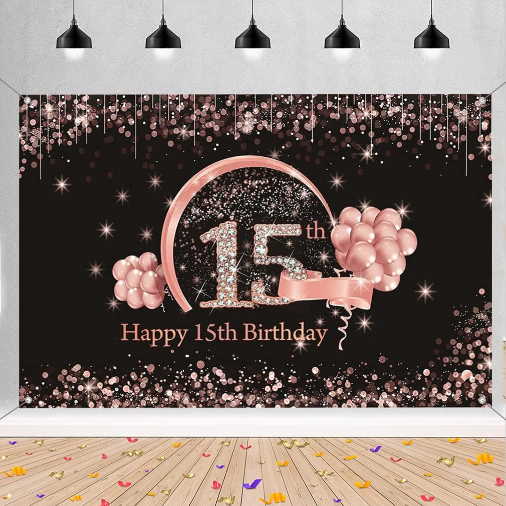 Happy 15th Birthday Decorations Backdrop Banner for Girls Happy 15 Years Old Party Fabric Sign Poster Girl Birthday Black and Rose Photo Background 15th Birthday Party Supplies, 59"x35.4"