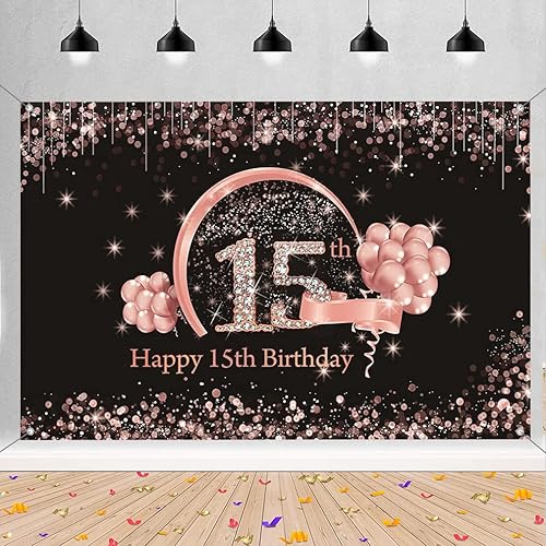 Tecreo Cartel de fondo de decoración de feliz cumpleaños 15 para niñas, negro y rosa, 59 x 35.4 pulgadas