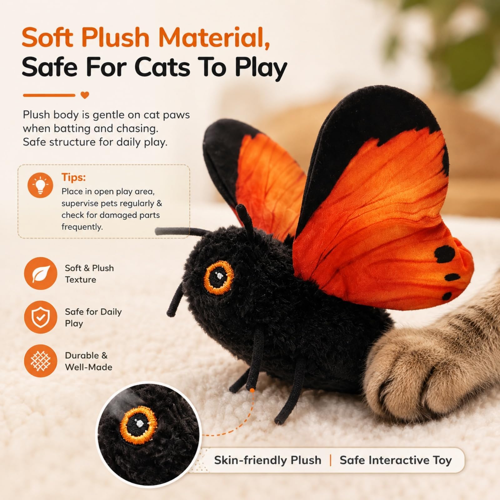 Smart Sensing Flattern-Katzenspielzeug, interaktives Schmetterling-Katzenspielzeug, wiederaufladbar, realistische Flügelbewegung, fördert das Stalken, sensorausgelöst, langlebiger Plüsch, gebaut für
