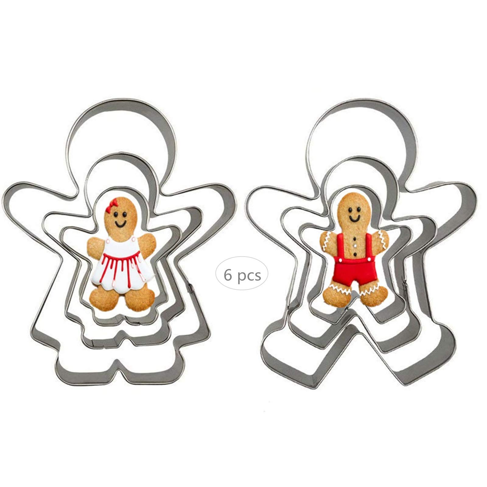 Juego de 6 cortadores de galletas con forma de hombre de jengibre y mujer de jengibre, de acero inoxidable, para niños y niñas, moldes para hornear