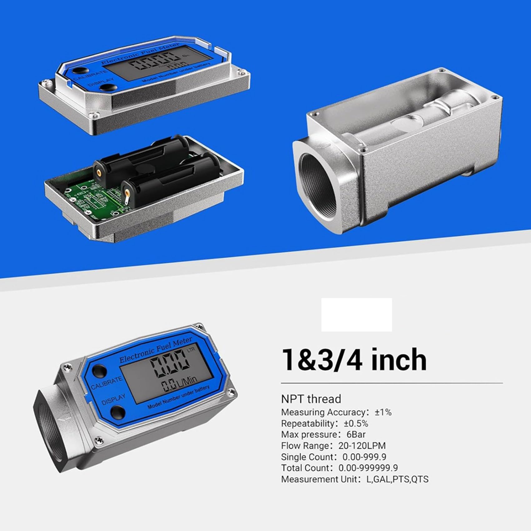 3Satz 1 Kraftstoffdurchflussmesser mit 3/4 Adaptern, Digitaler Turbinendurchflussmesser 2,5-31 GPM Inline NPT Gewinde DieselDurchflussmesser