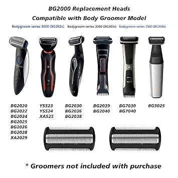 BG2000 Replacement Heads Compatible with Philips norelco bodygroom 7000, 2 Pack Bodygroom Replacement Foil Heads for BG5025, BG7030, BG7040, BG2030, BG2040-Wet Dry Use