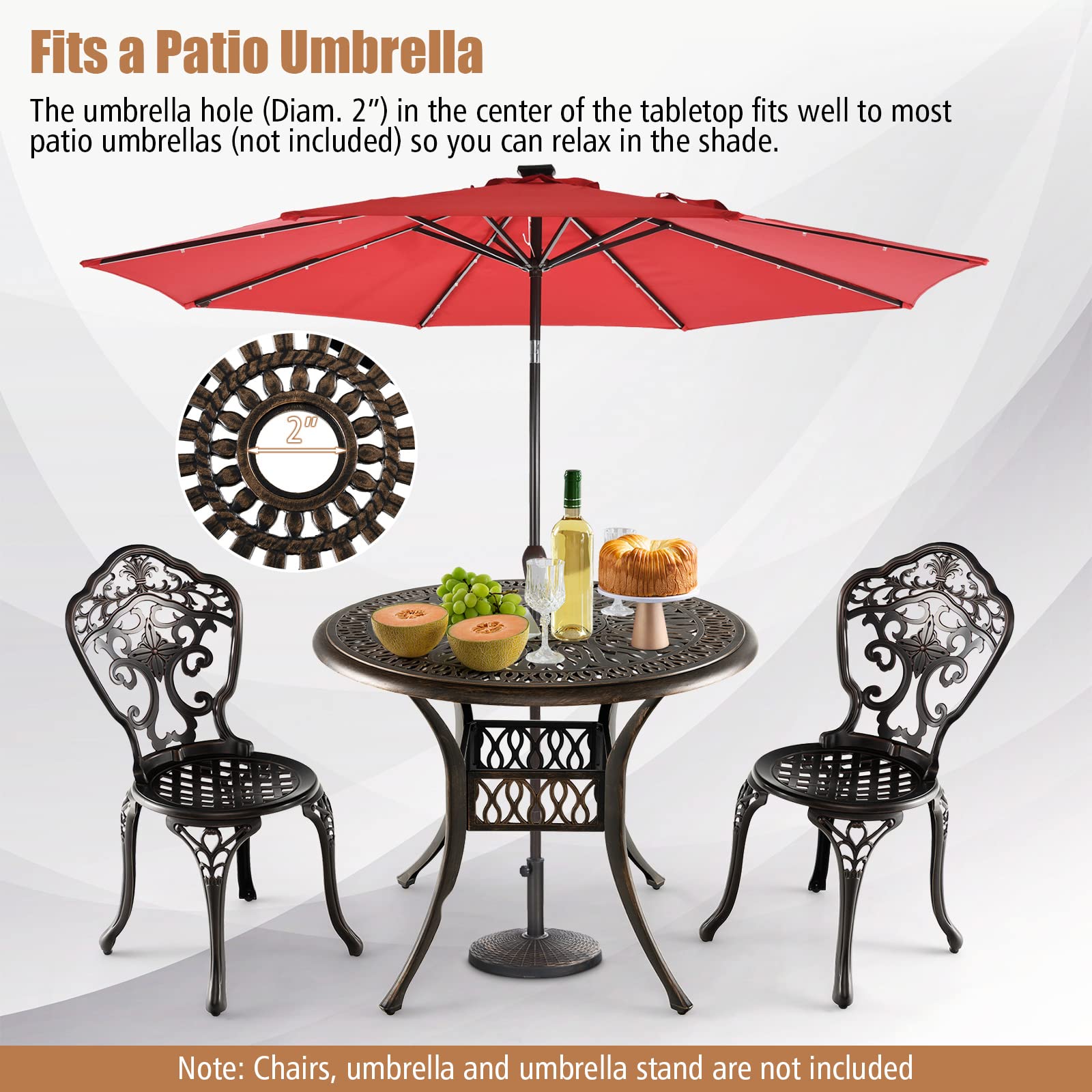 GOPLUS Table de Bistrot en Aluminium avec Trou pour Parasol de 5 CM, Table de Jardin Ronde avec Patins Réglables, Style Rétro, Convient pour Terrasse, Balcon, Piscine, Ø 90 X 74 CM