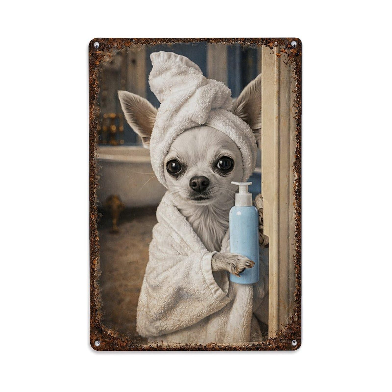 Jdfenggu Vintage Chihuahua In Towel Holding Bottle Retro Metal Tin Sign, Metal Poster For Bar, Home, Man Cave, Kitchen, Laundry Room Art Decor 8X12 Inch