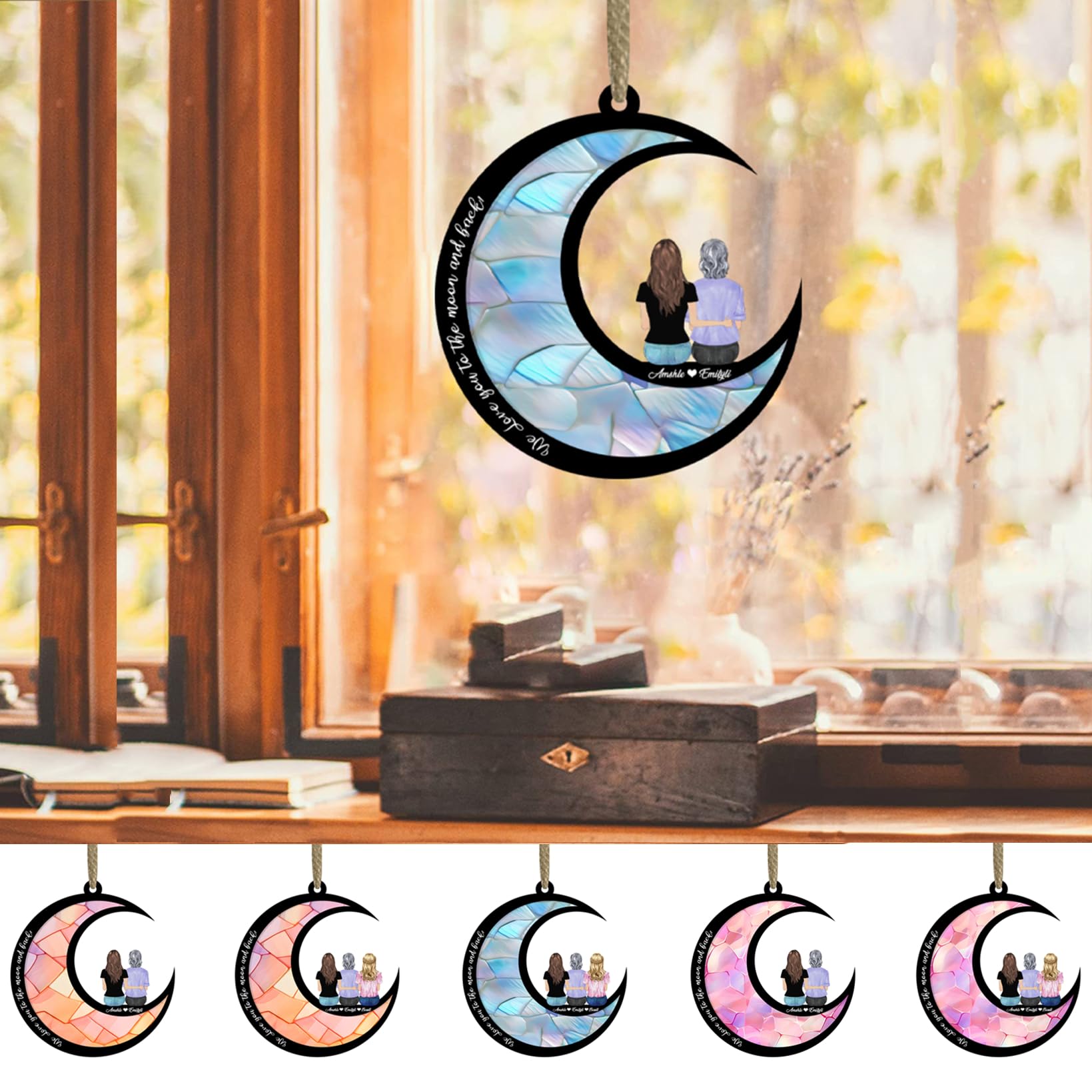 Personalized Mothers & Daughter Acrylic Ornament - Mom & Children Sitting On The Moon - Custom Gift for Mother's Day, Grandma, Wife